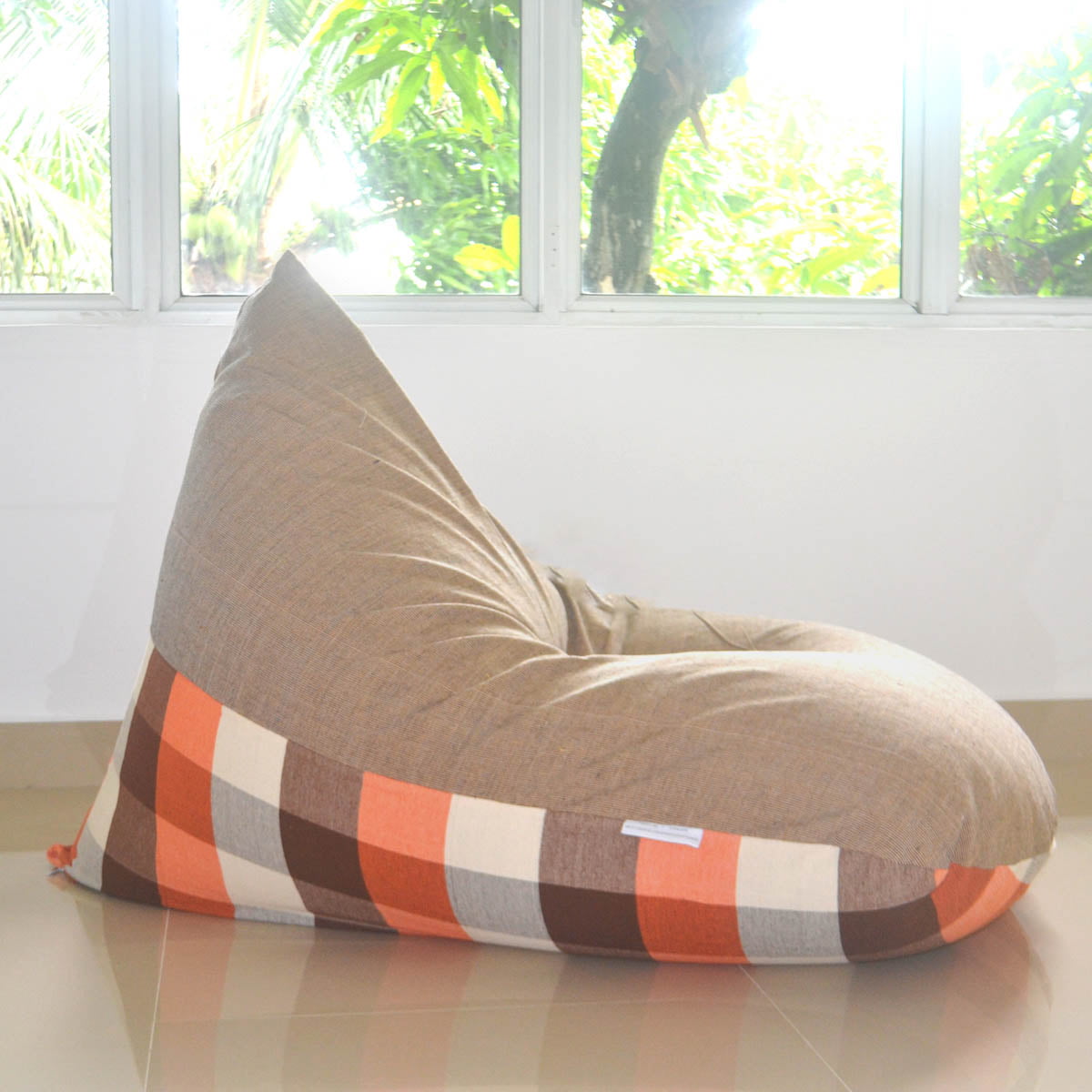 TAPROBANE large bean bag chair cover - brown, beige checked, cotton