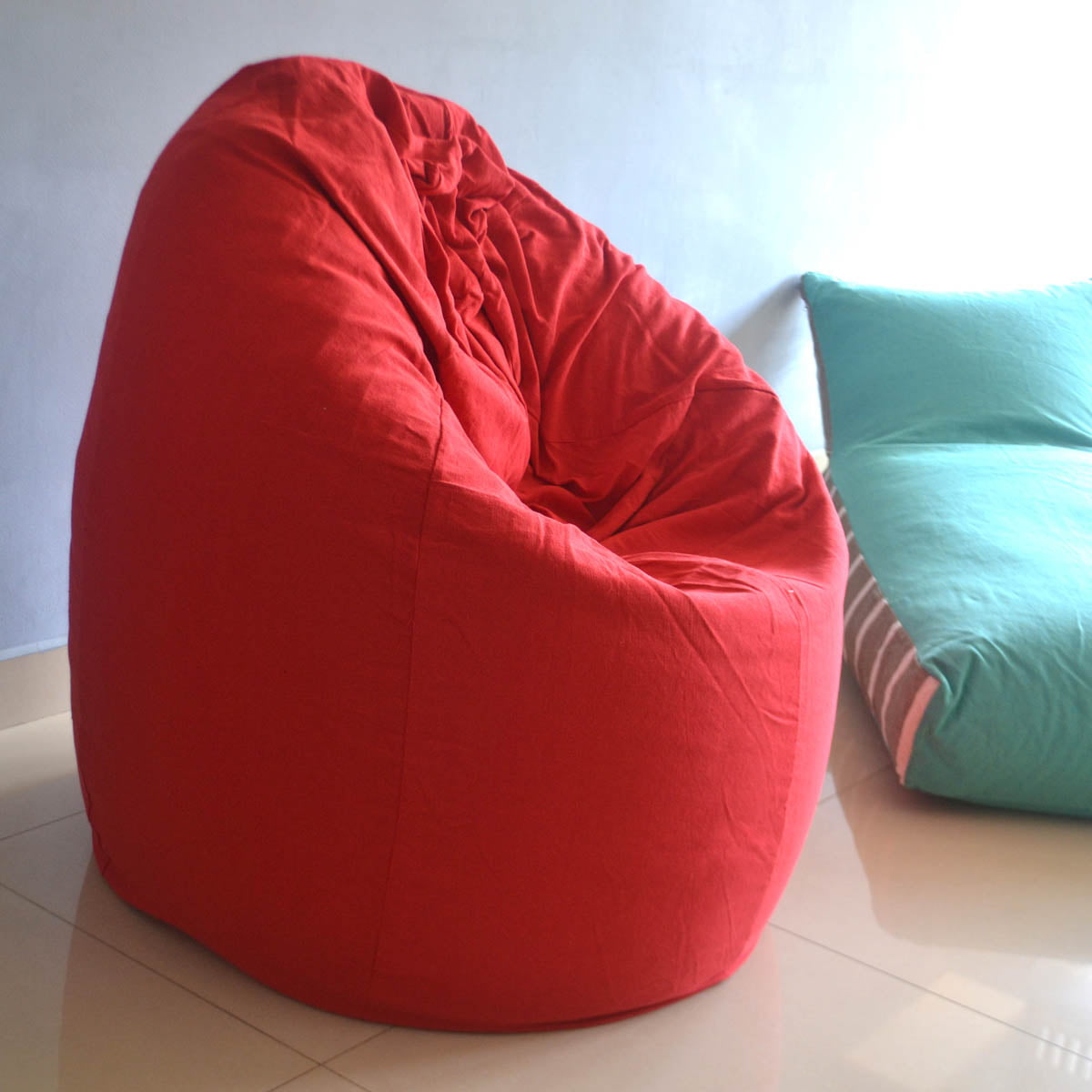 Red Round XL bean bag chair in handloom cotton