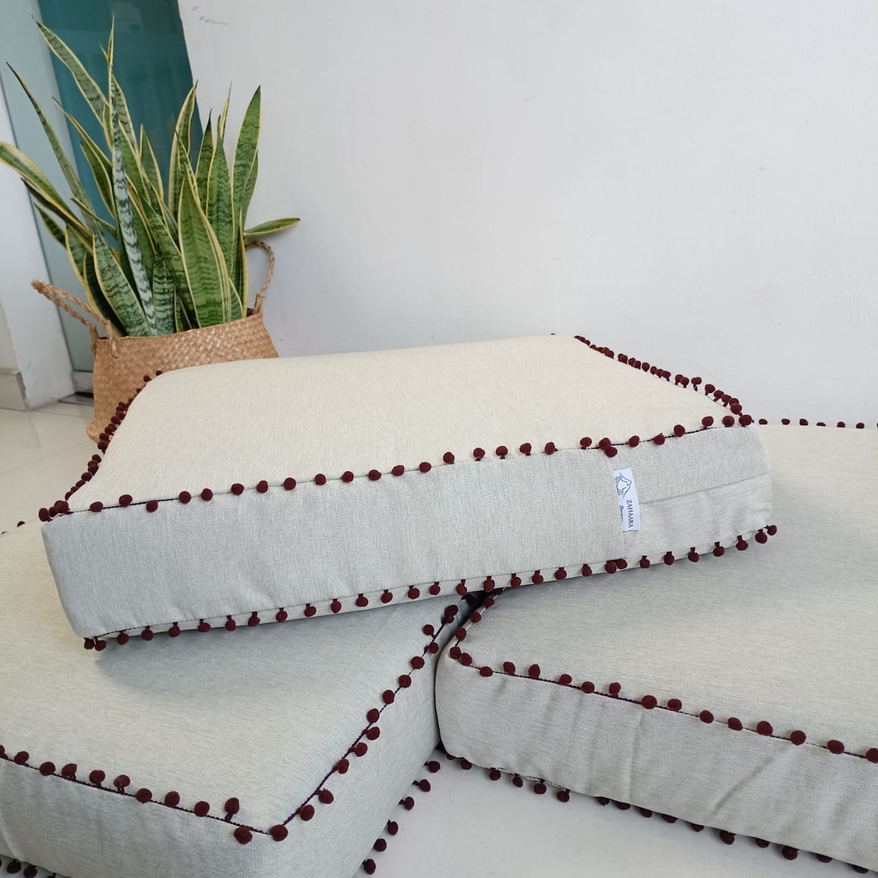 Floor Mattress/Cushion Light Grey with Pom Pom Ball Fringe