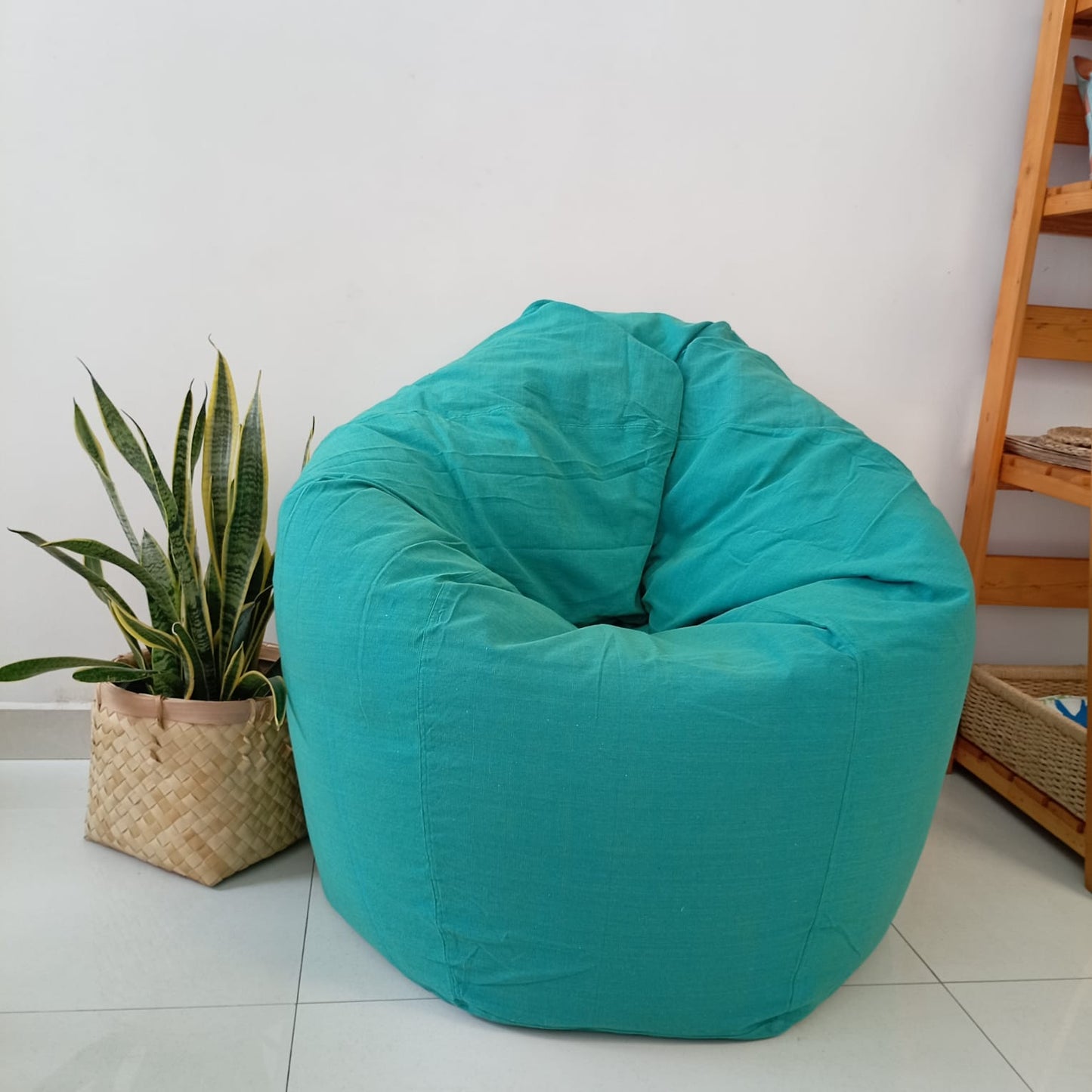 Turquoise round XL bean bag chair in handloom cotton - SEASHELLS