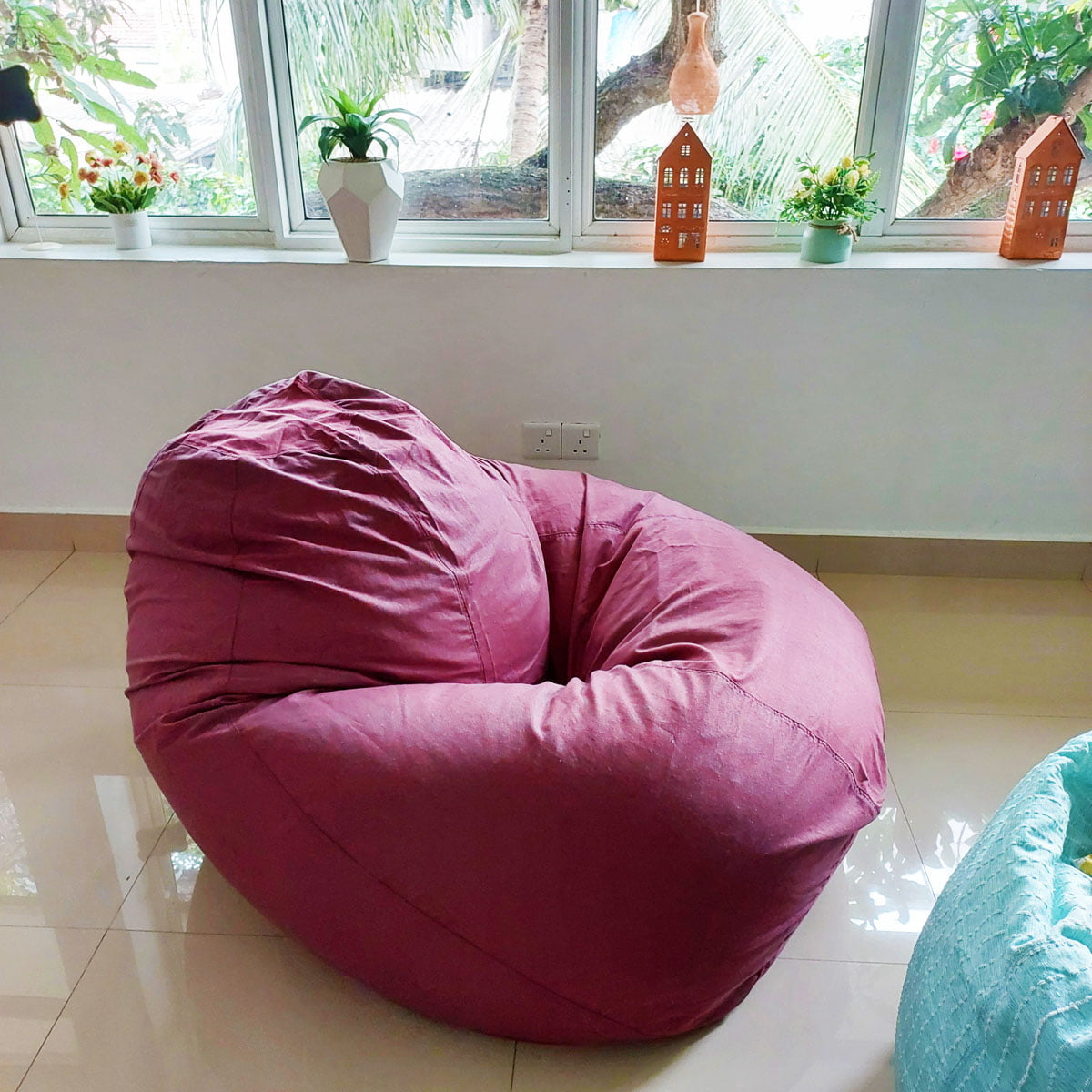 ENCHANTEE purple, plum round XL bean bag chair in handloom cotton