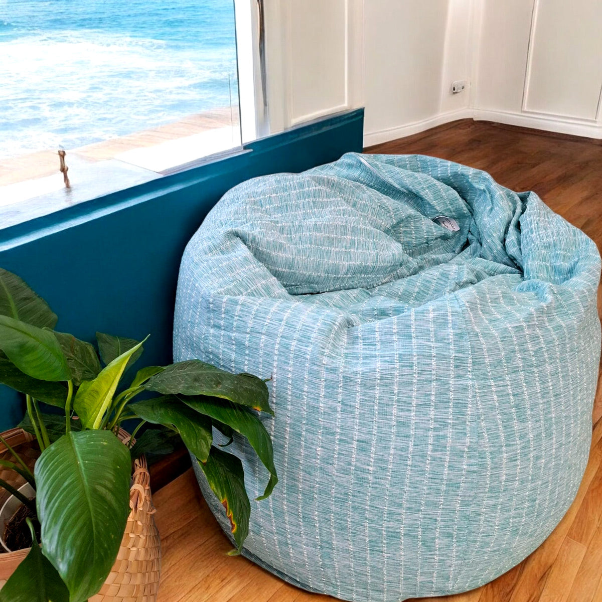 SKYE Aqua round compact bean bag chair in handloom cotton