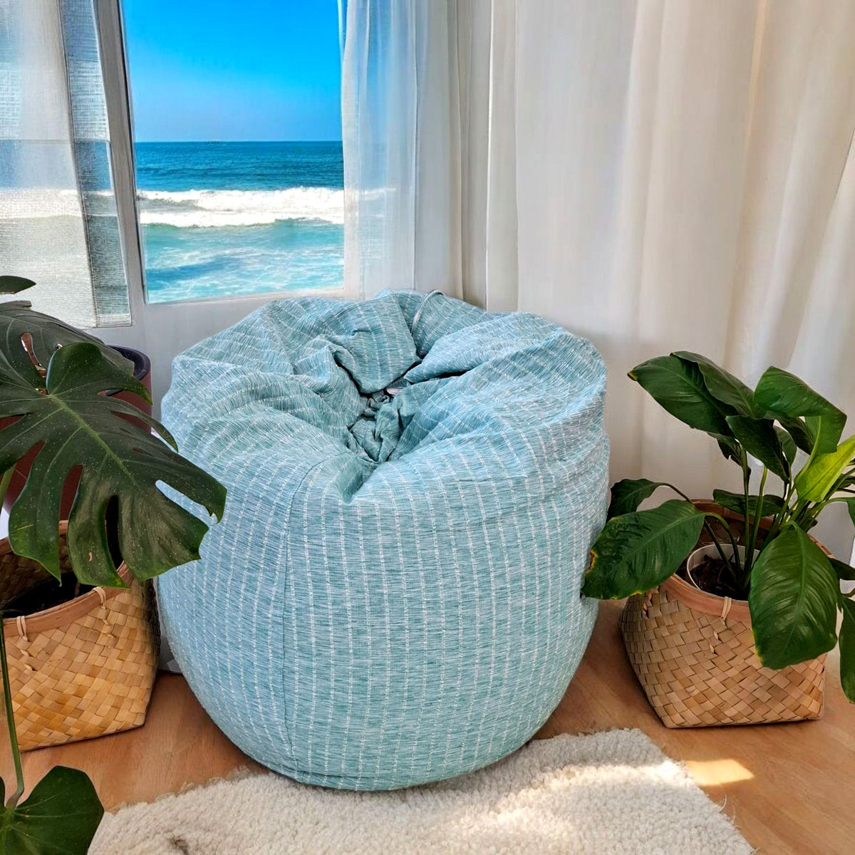 SKYE Aqua round compact bean bag chair in handloom cotton