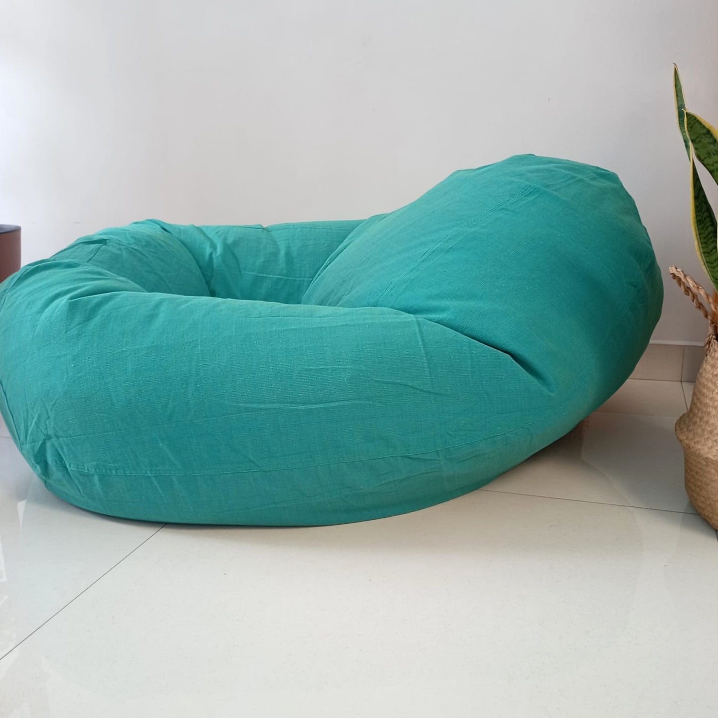 Turquoise round XL bean bag chair in handloom cotton - SEASHELLS