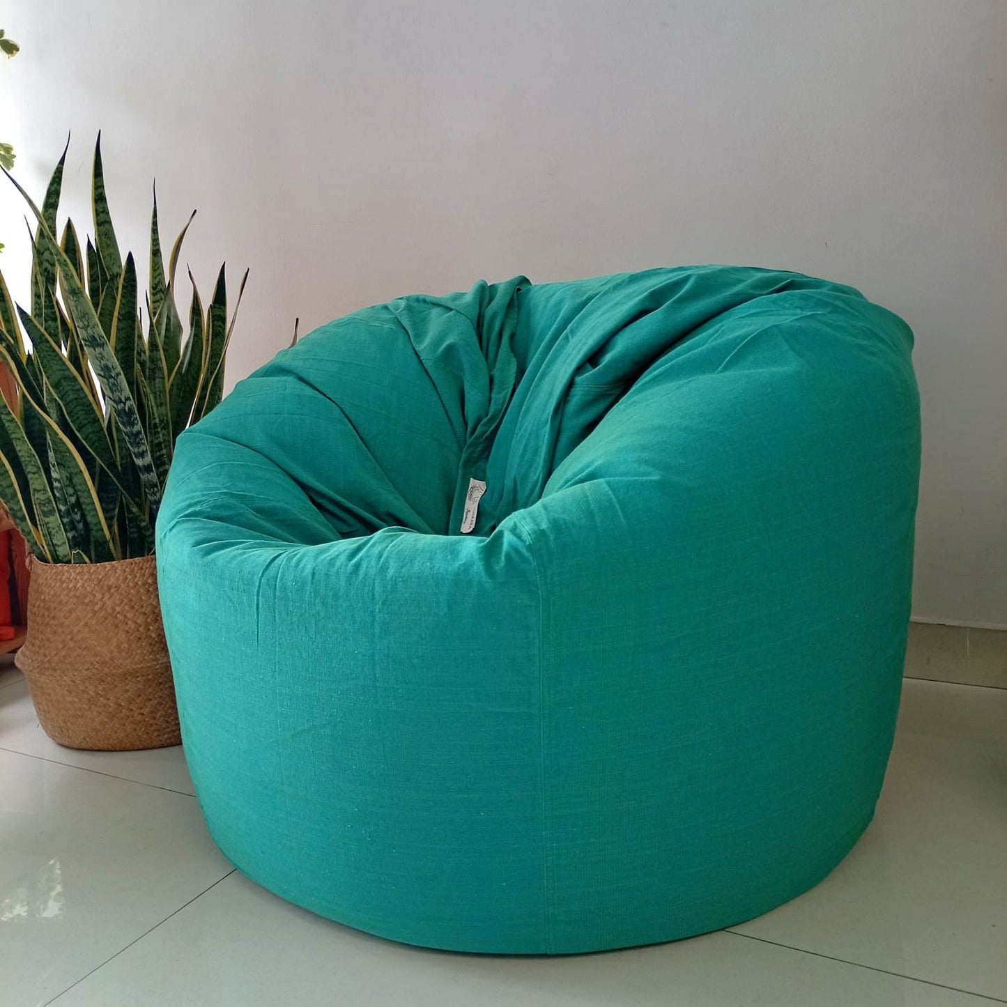 Turquoise round XL bean bag chair in handloom cotton - SEASHELLS