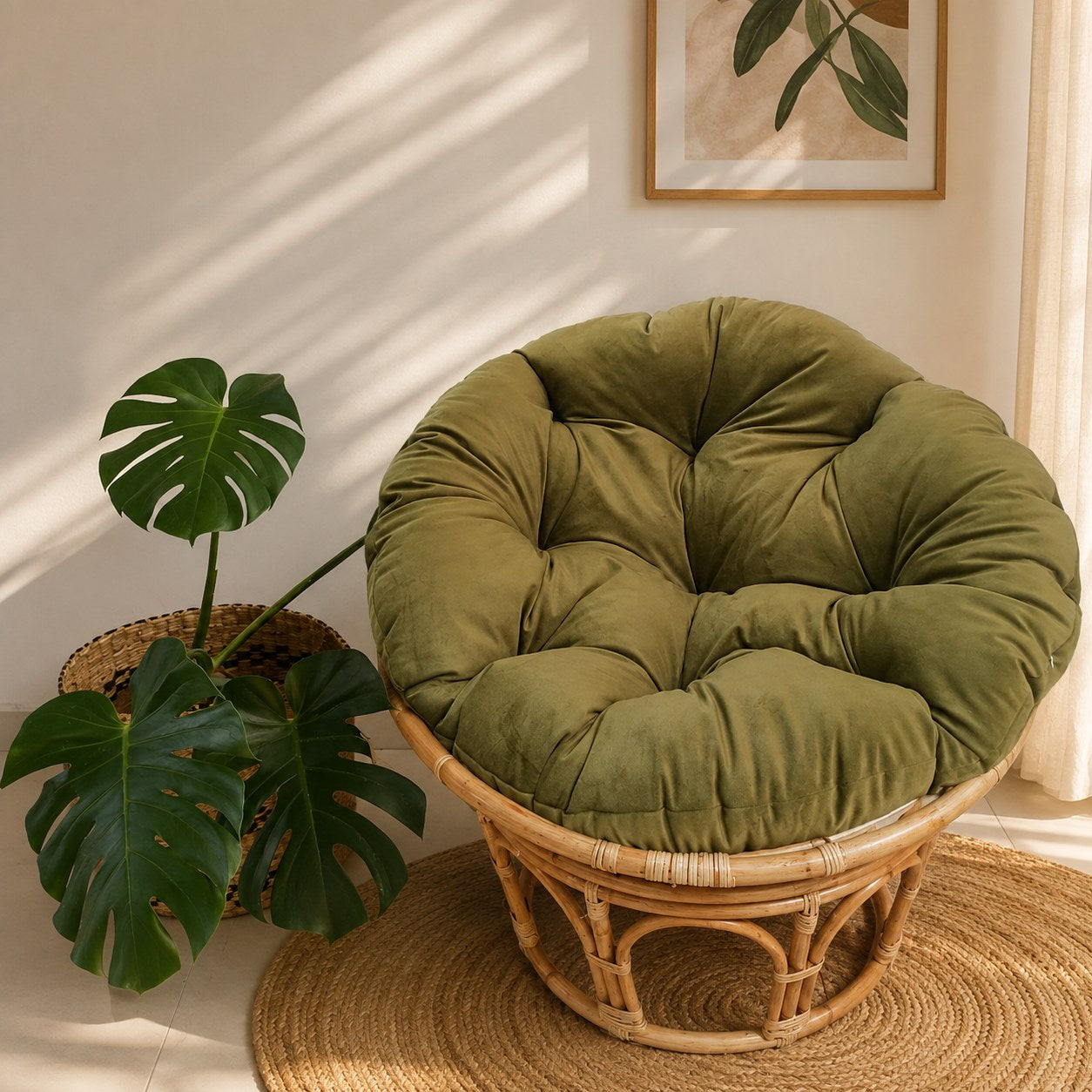 Elka Papasan chair with Olive green cushion