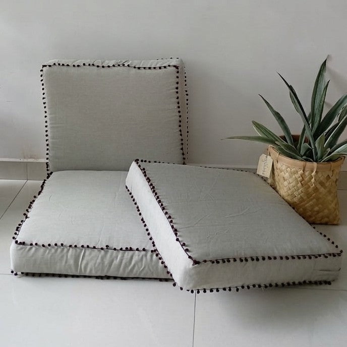 Floor Mattress/Cushion Light Grey with Pom Pom Ball Fringe