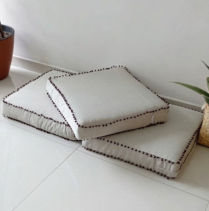 Floor Mattress/Cushion Light Grey with Pom Pom Ball Fringe