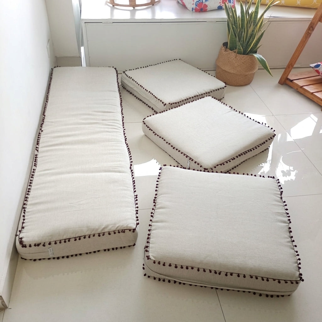 Floor Mattress/Cushion Light Grey with Pom Pom Ball Fringe