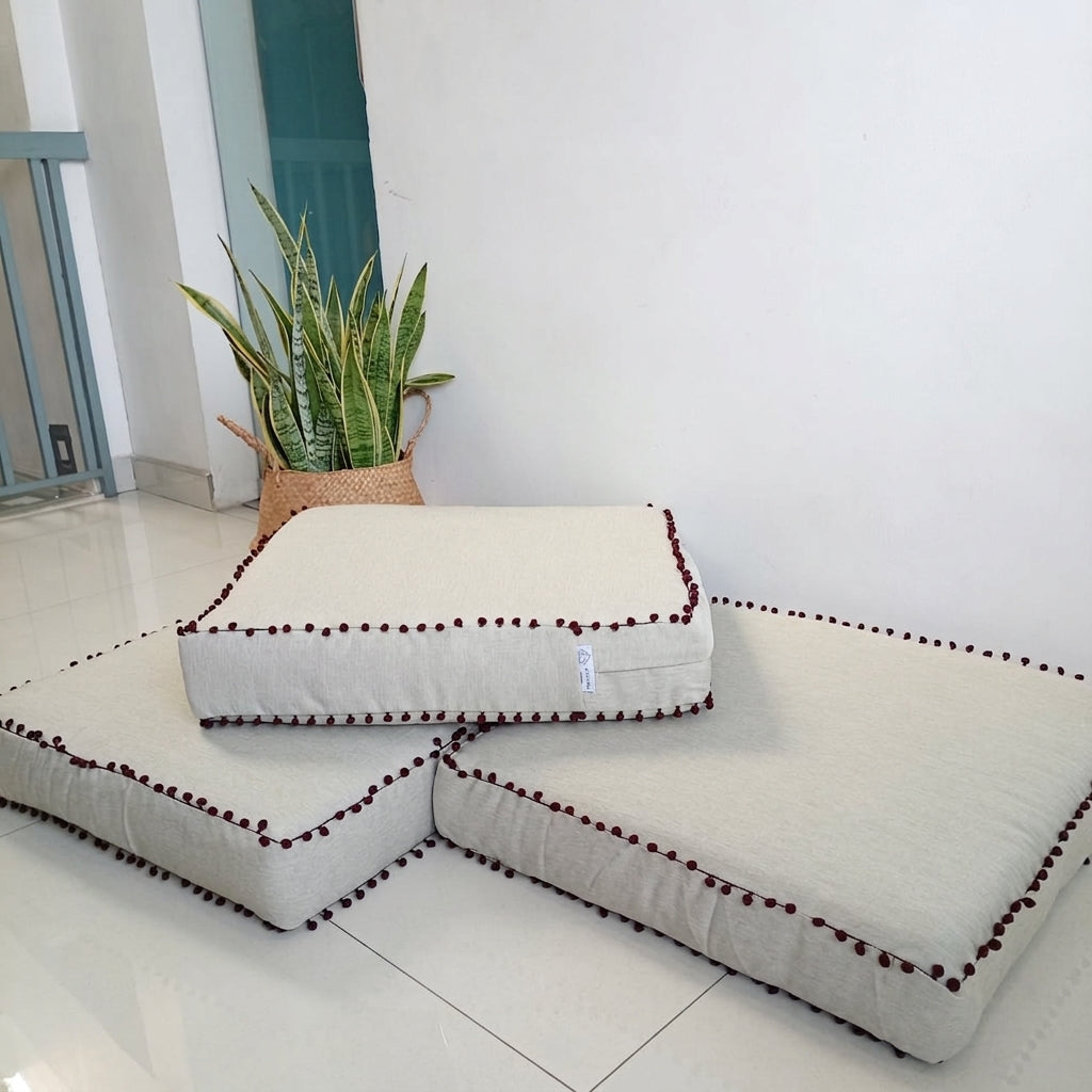 Floor Mattress/Cushion Light Grey with Pom Pom Ball Fringe