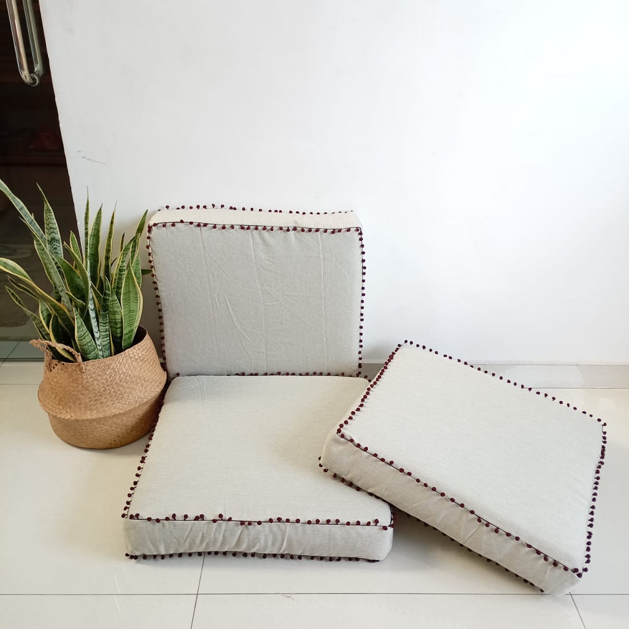 Floor Mattress/Cushion Light Grey with Pom Pom Ball Fringe