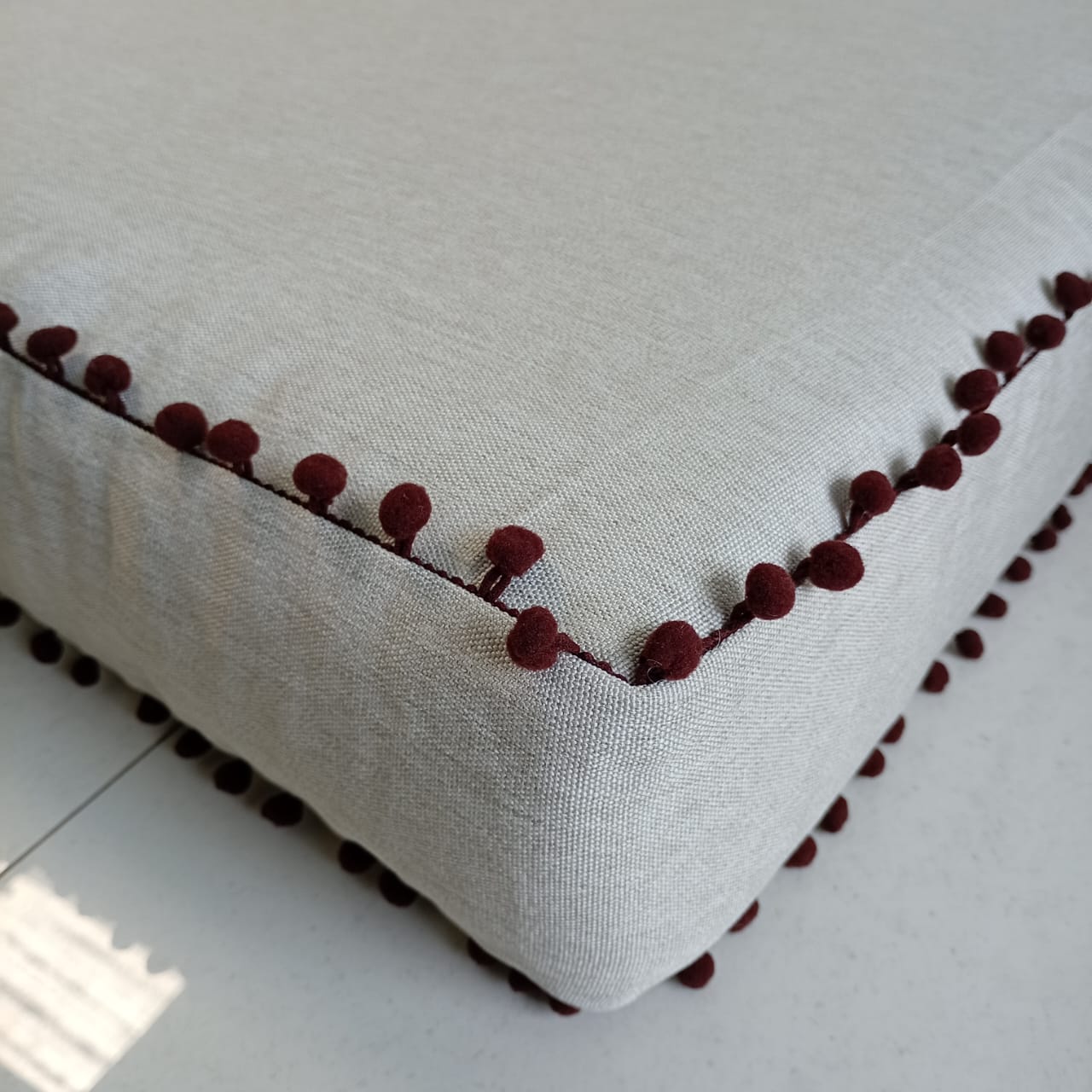 Floor Mattress/Cushion Light Grey with Pom Pom Ball Fringe