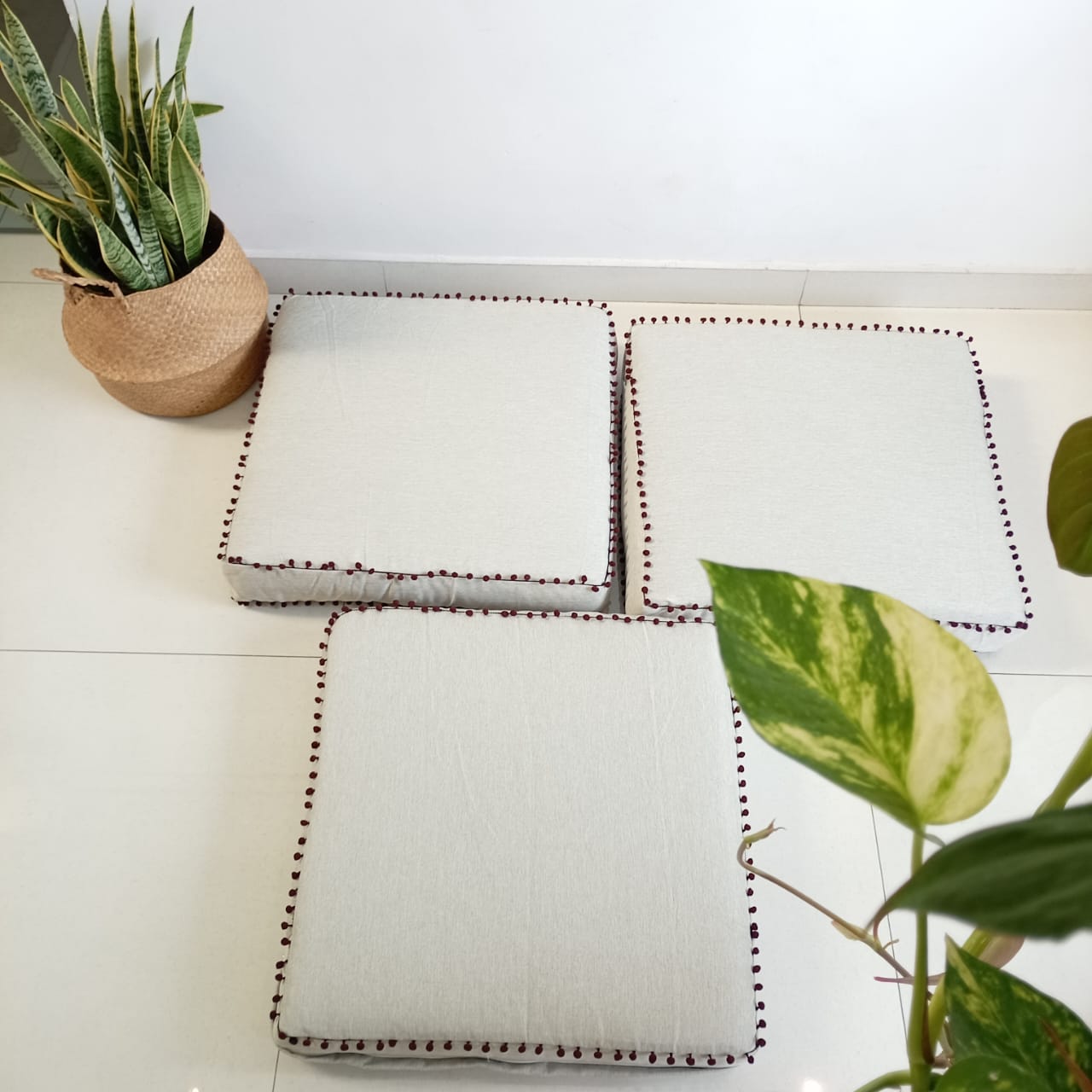 Floor Mattress/Cushion Light Grey with Pom Pom Ball Fringe