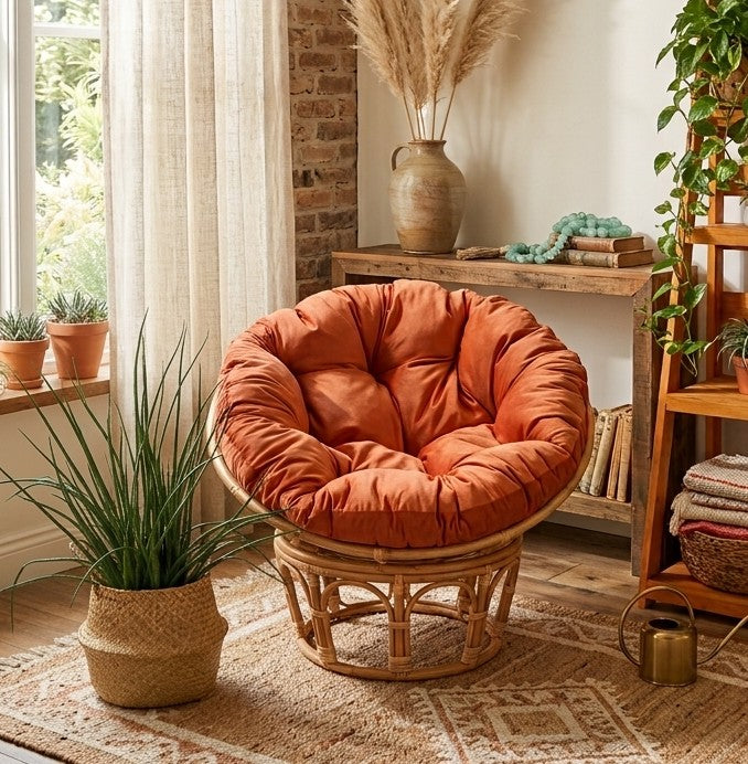 CATALINA Papasan chair with tan orange cushion