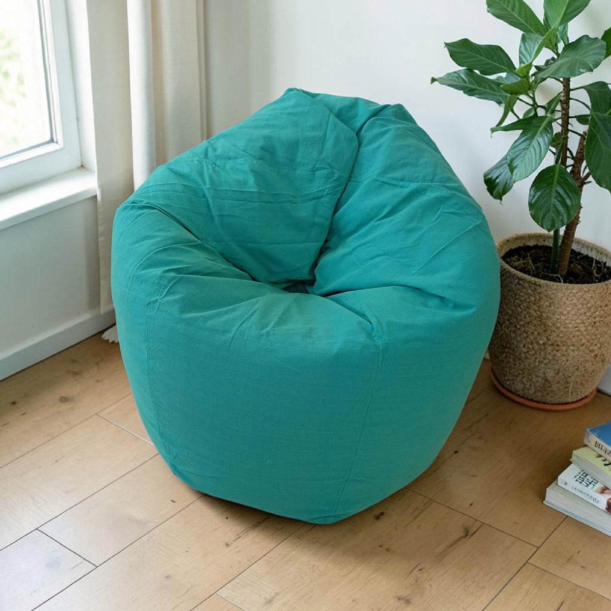 Turquoise round XL bean bag chair in handloom cotton - SEASHELLS