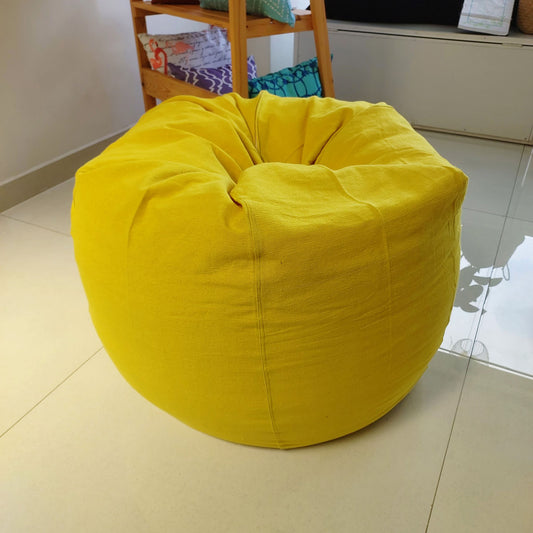 Yellow round compact bean bag chair in handloom cotton