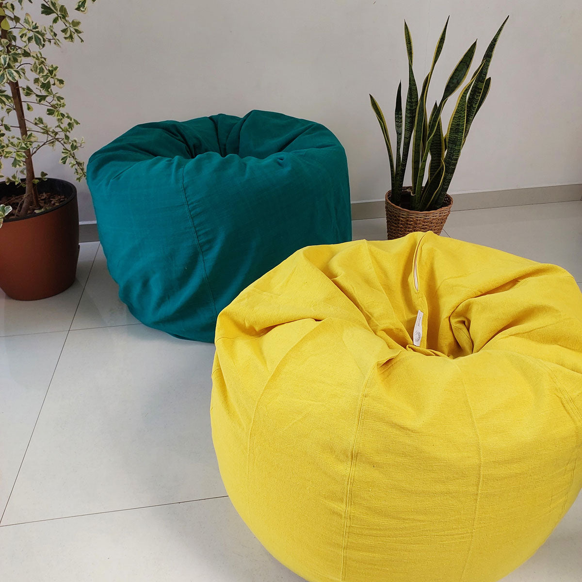 Yellow round compact bean bag chair in handloom cotton