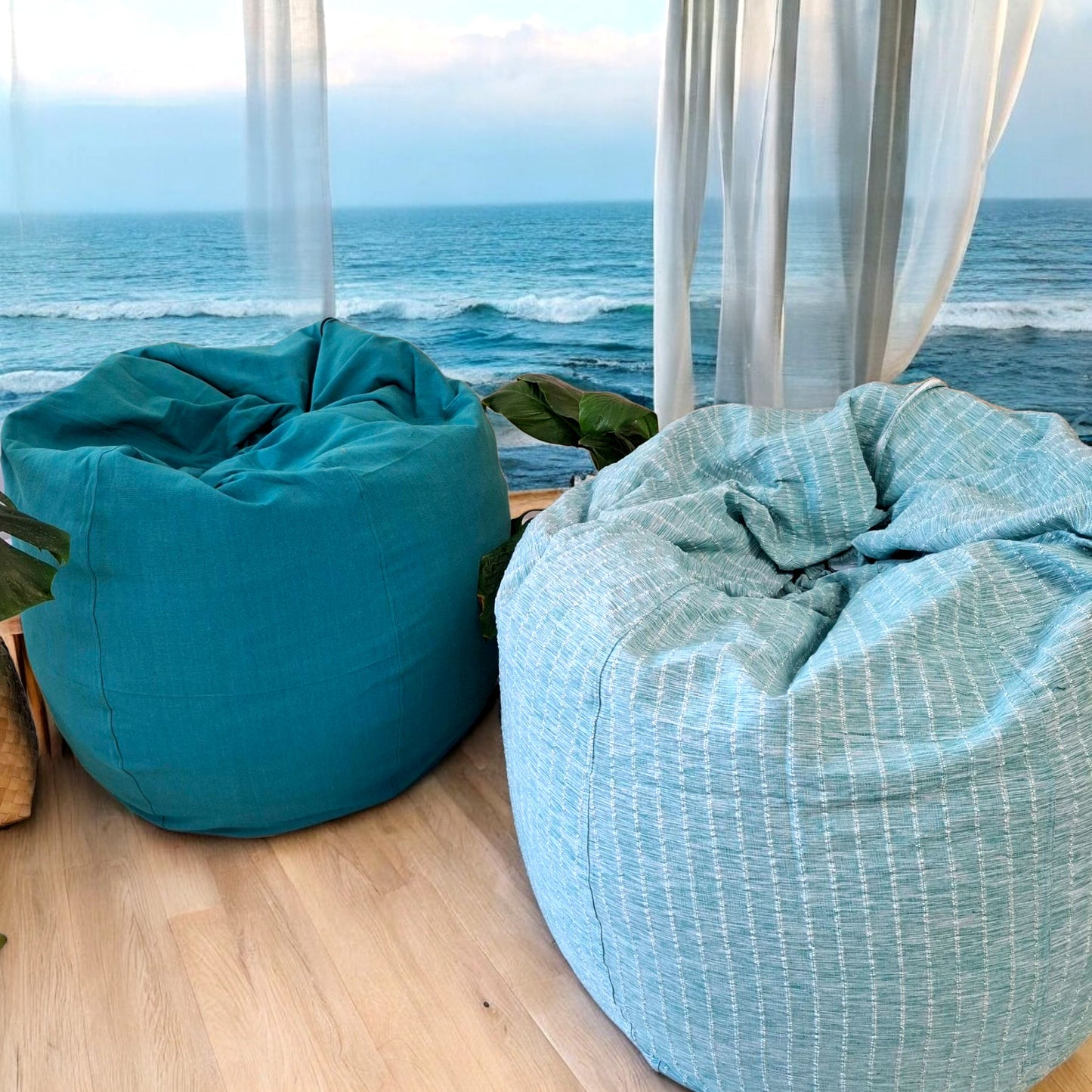 SKYE Aqua round compact bean bag chair in handloom cotton