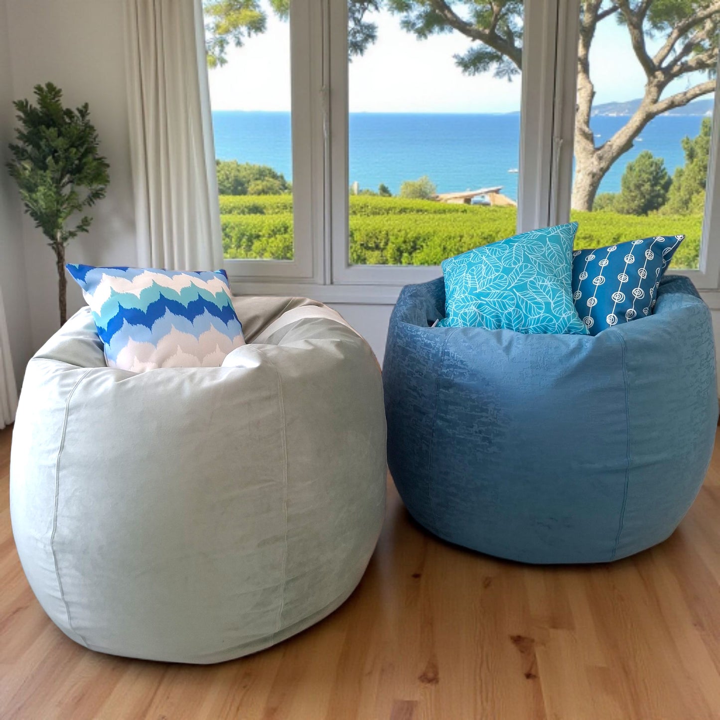 MIST round compact bean bag chair in velvet - mint green/grey green