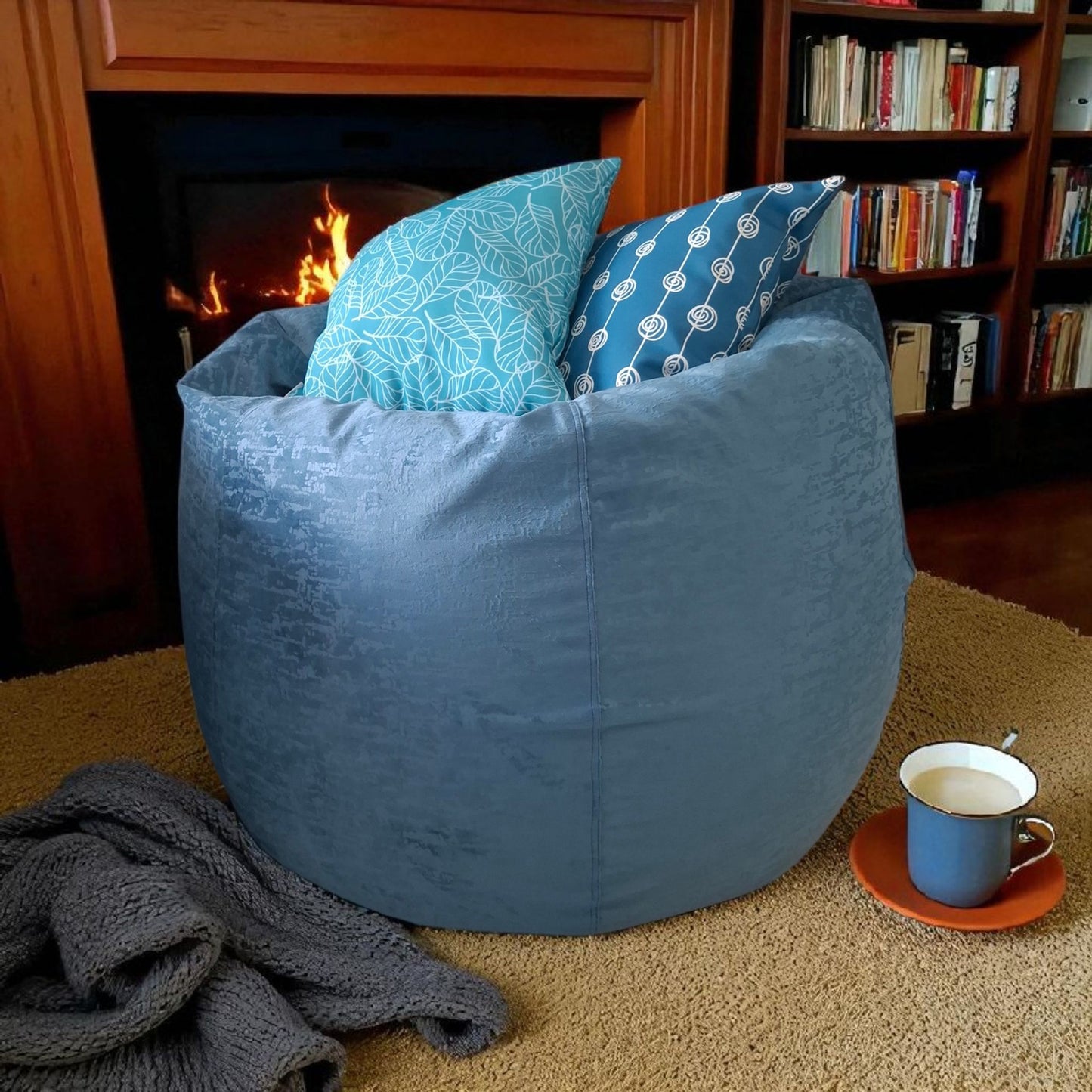 LUCA blue round compact bean bag chair in velvet