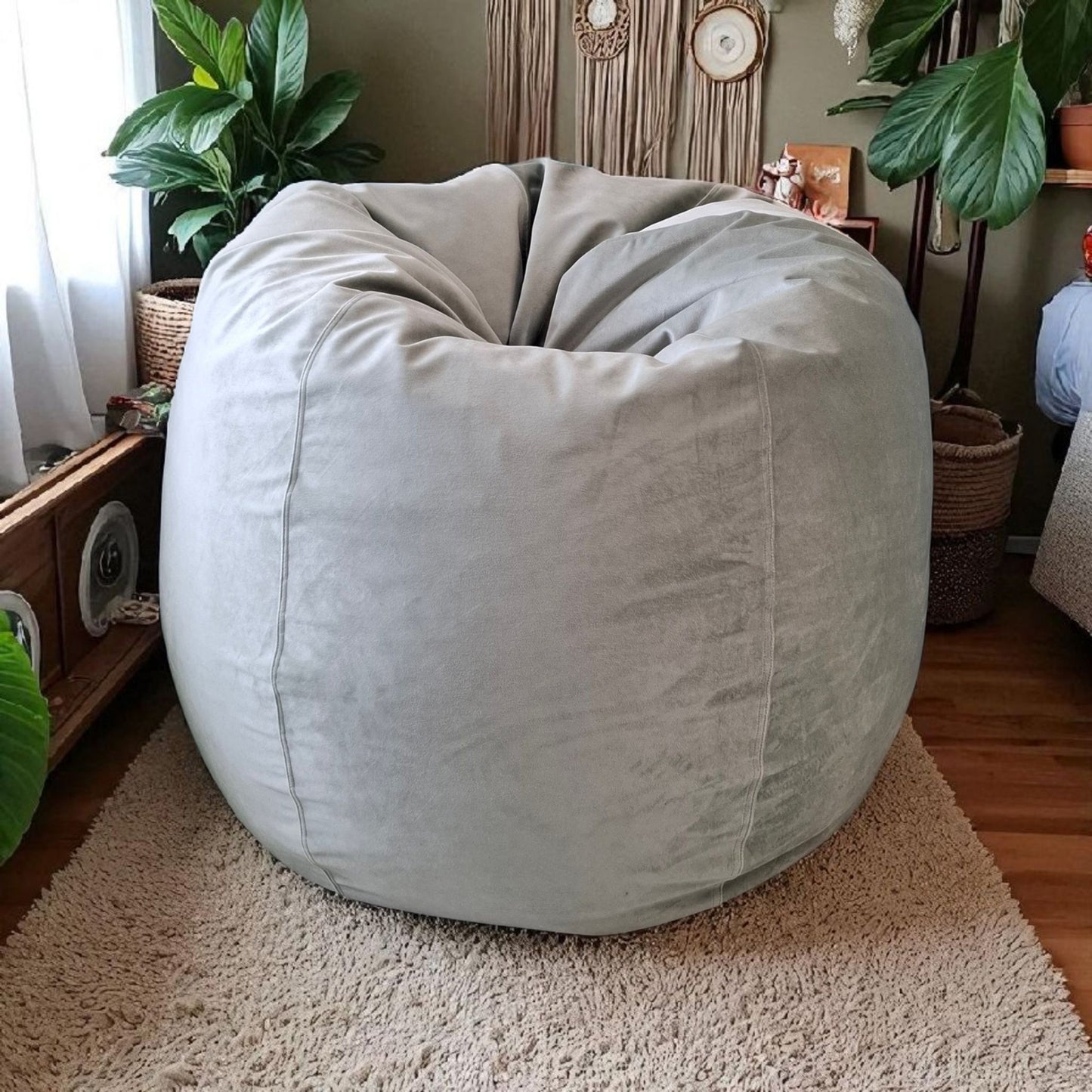 MIST round compact bean bag chair in velvet - mint green/grey green