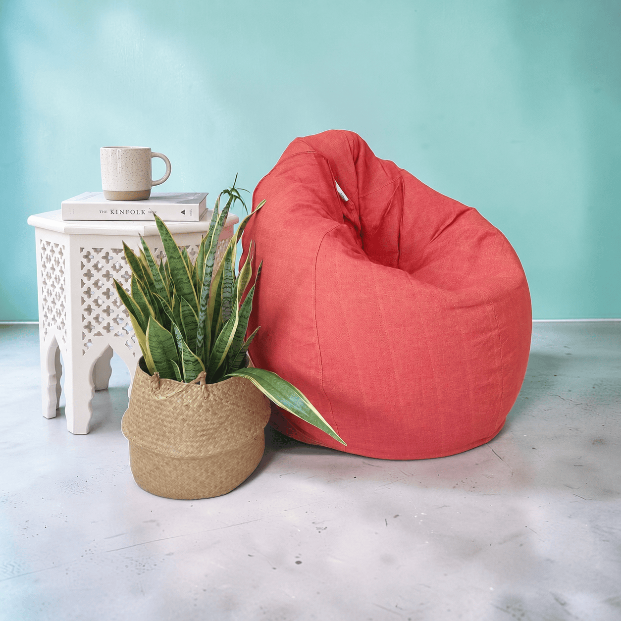 SURYA orange round compact bean bag chair in handloom cotton