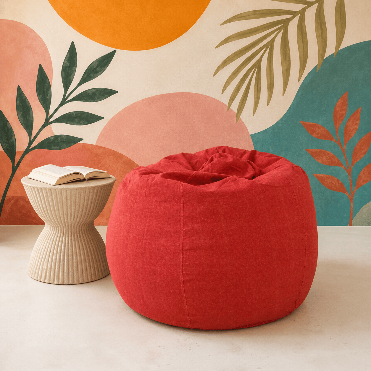 SURYA orange round compact bean bag chair in handloom cotton